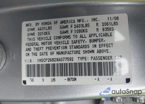 2009 Honda Accord 2.4 Ex-L z USA, uszkodzony, nr VIN 1HGCP26829A077592